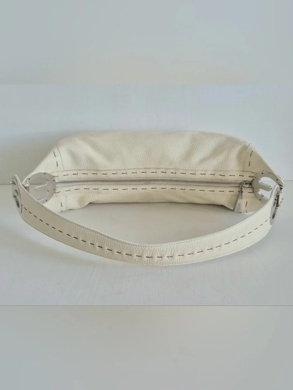 Escada Itaky Cream Pebbled Leather Silver Accents Medium Hobo Shoulder Bag